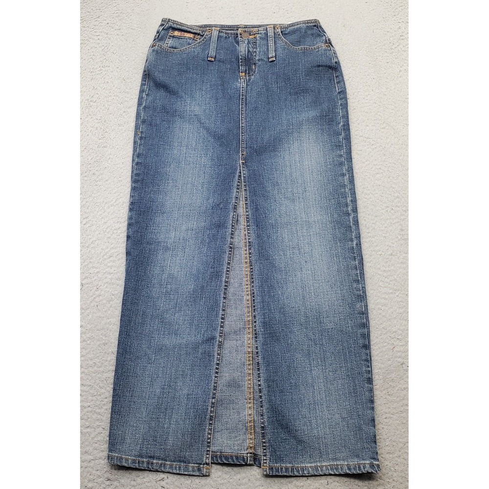 Lei Long Maxi Skirt Womens 5 Blue Denim High Slit Stretch Boho 5-Pocket